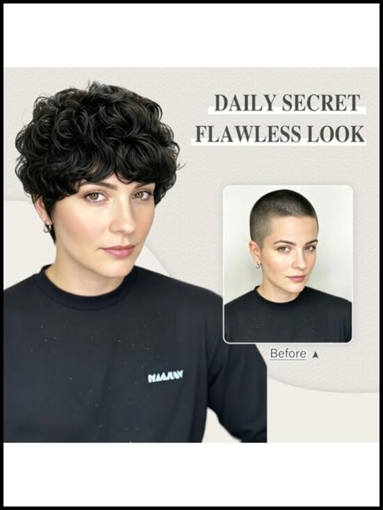 Short Layered Pixie Cut Wig for Black Women Curly Human Hair Glueless with Bangs